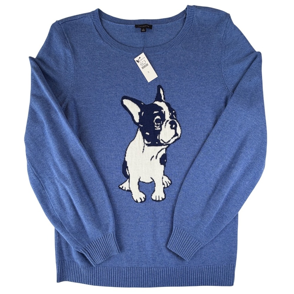 Talbots Womens‎ Blue French Bulldog Intarsia Knit Crewneck Sweater Size S NWT